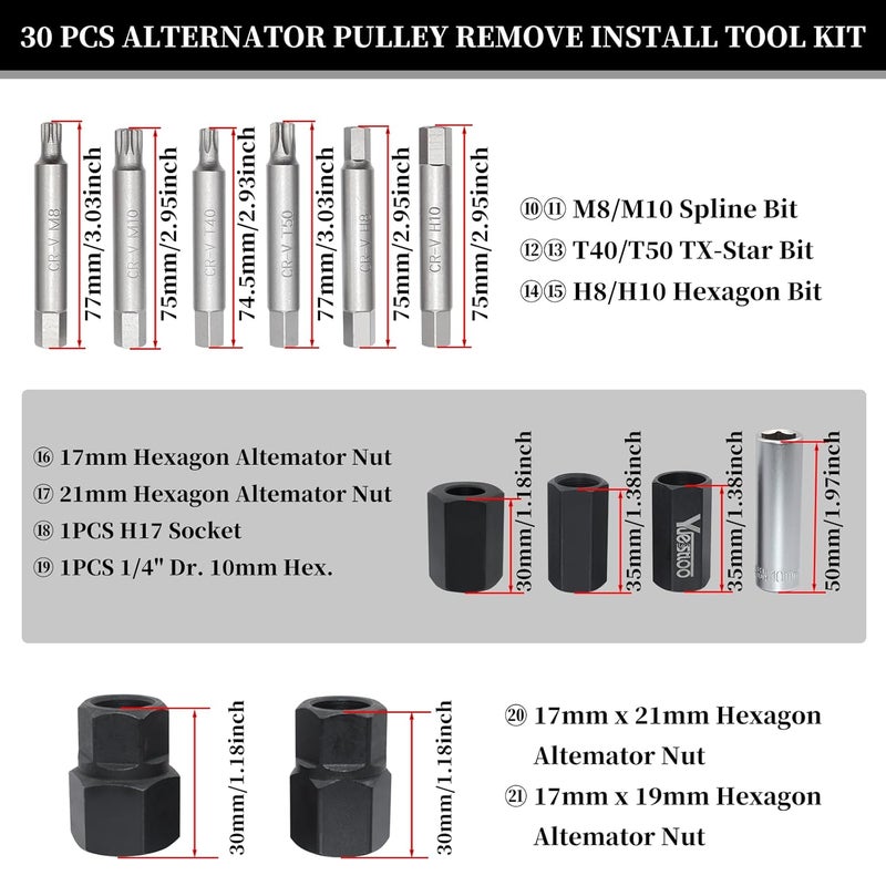 Yuesstloo 30PCS Alternator Pulley Remove Install Tool Kit, Compatible with VW Audi Ford BMW Benz Volvo GM Toyota Buick Chevrolet, Alternator Decoupler Pulley Tool, Clutch Freewheel Removal Socket Bit Set - Image 4